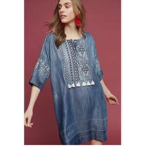 Vineet Bahl Anthropologie Chambray Embroidered Dress L Blue Boho Tassel Caftan